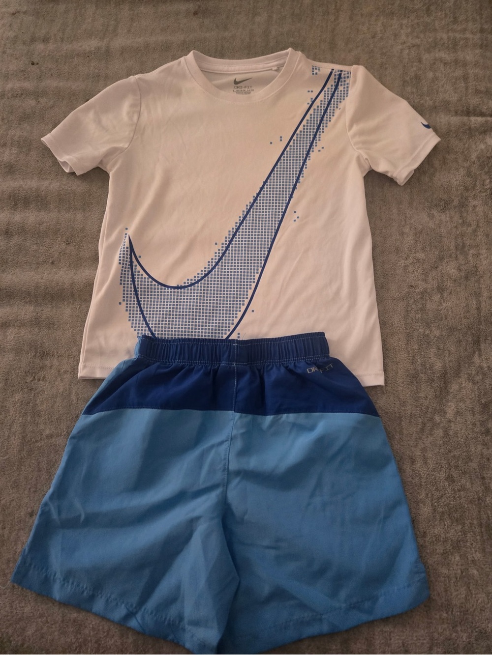 Nike White Short-Sleeve Tee with Blue Swoosh and Two-Tone Blue Shorts